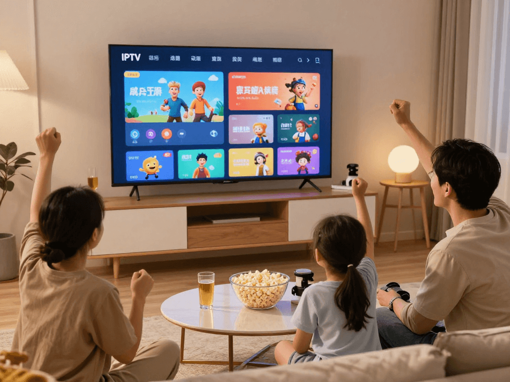 Abonnement Iron tv pro : famille profitant d'un streaming IPTV dans un salon moderne.