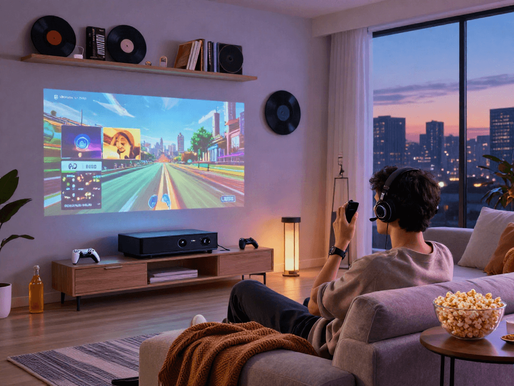 Iron tv pro dans une salle de média moderne avec écran HD, décor cosy et ambiance chaleureuse.