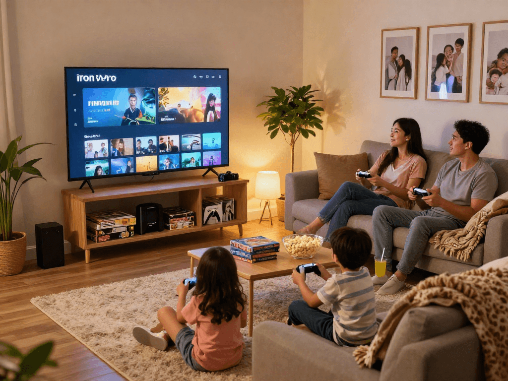 Iron tv pro family enjoying a movie night in a cozy living room