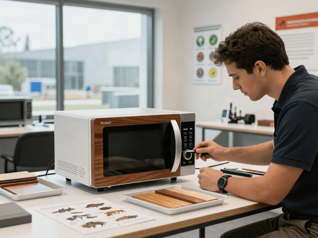 Traitement antifongique Shashel® pour bois avec un technicien professionnel inspectant l'appareil dans un environnement moderne.