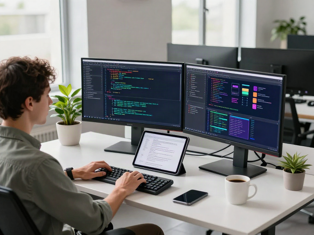 Développeur en pleine concentration dans un espace de travail moderne, mettant en avant Atlas pro avec des écrans de code colorés.