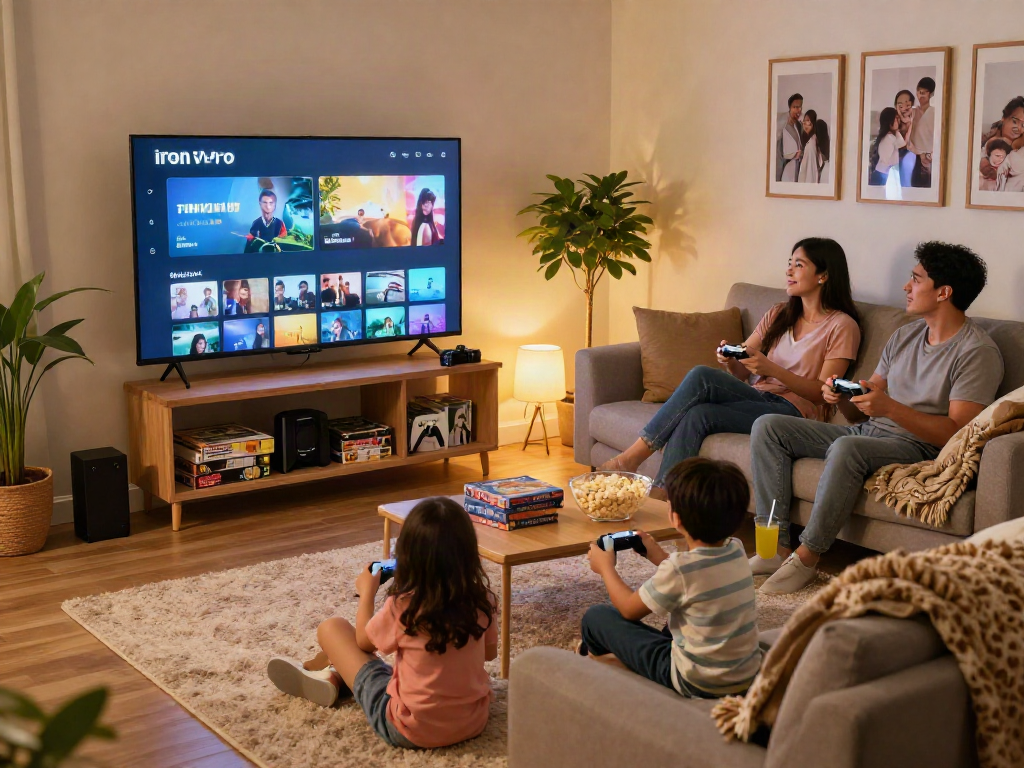 Iron tv pro family enjoying a movie night in a cozy living room