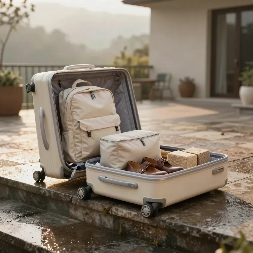 Valise cabine crème ouverte avec capsule de voyage, sac pliable et cubes de rangement sur pierre mouillée.