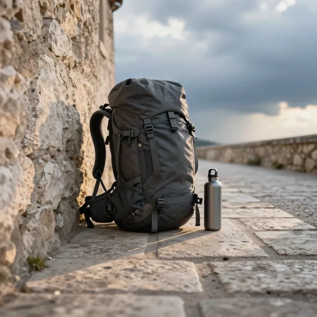 Sac à dos noir compressé dans une ruelle de pierre, veste roulée et gourde mate sous un ciel d’orage.