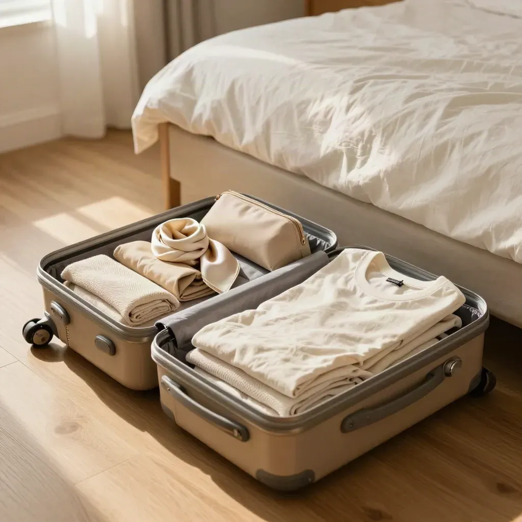 Valise capsule d’été ouverte, pièces légères en cours de rangement, lumière de matin filtrée.