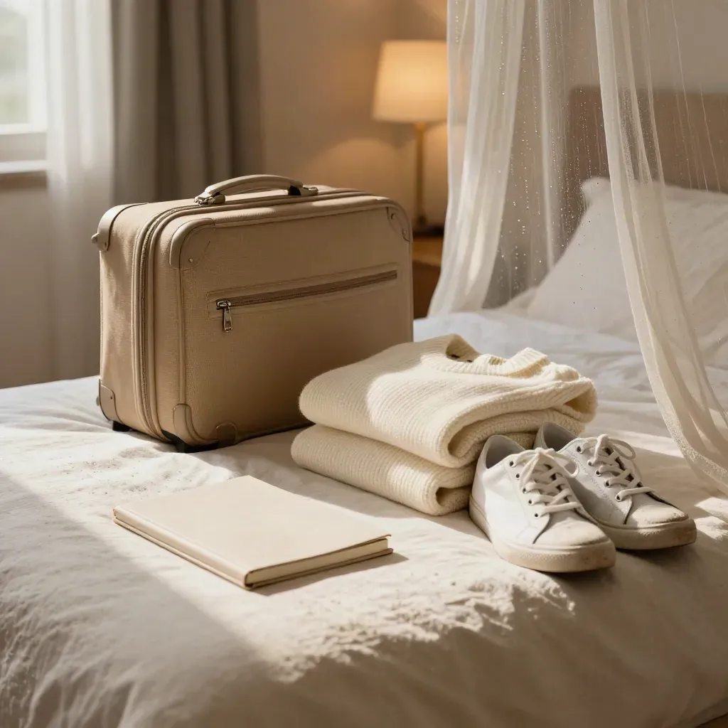 Valise sable, pull plié, carnet fermé et baskets blanches au bord d’un lit d’hôtel, lumière de crépuscule.