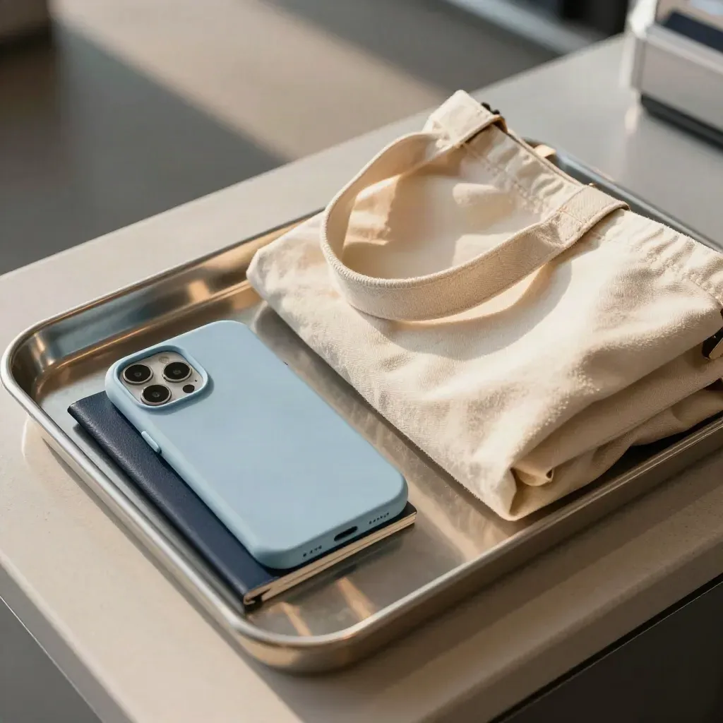 Passeport, téléphone et tote plié dans un bac de contrôle d’aéroport, lumière douce et ambiance sereine.