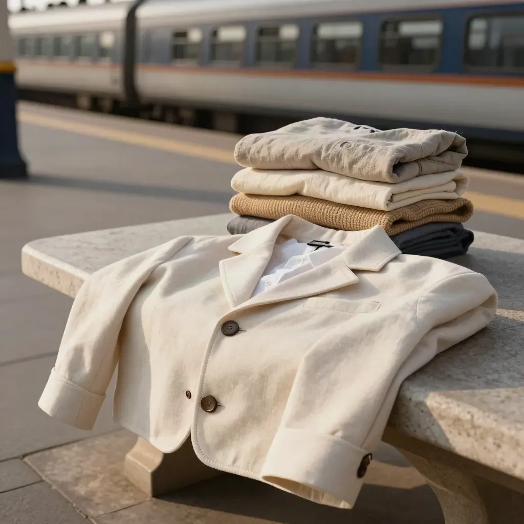 Trois tenues pliées sur un banc de pierre, veste crème au premier plan, lumière de fin d’après-midi.
