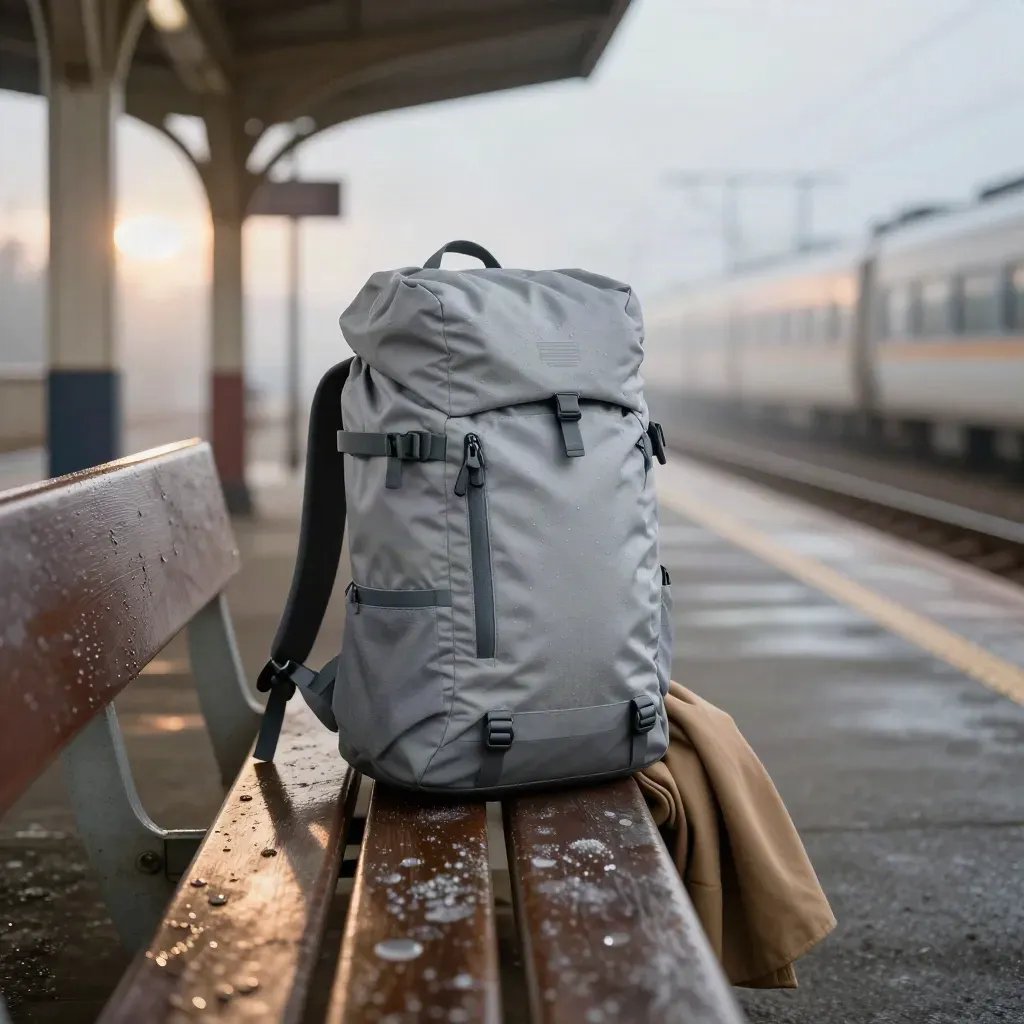 Sac cabine gris perle sur un quai mouillé, banquette de gare et manteau plié dans la pluie du matin.