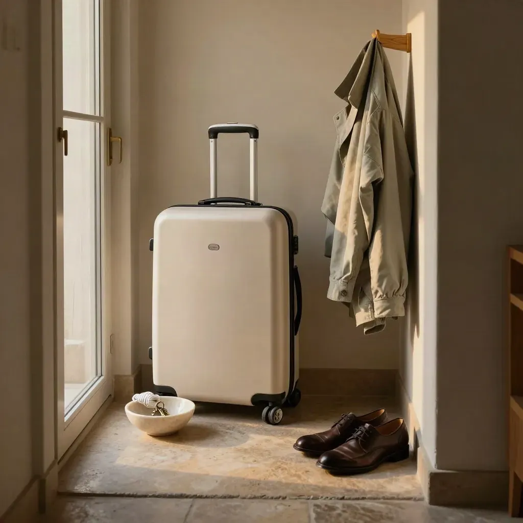 Couloir d’entrée avec valise cabine fermée, clés, chargeur, veste sage et chaussures alignées.