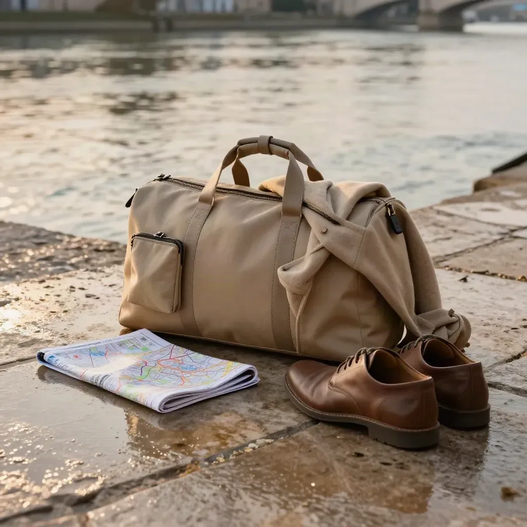 Sac cabine, veste roulée et chaussures basses sur un quai bordelais après la pluie.