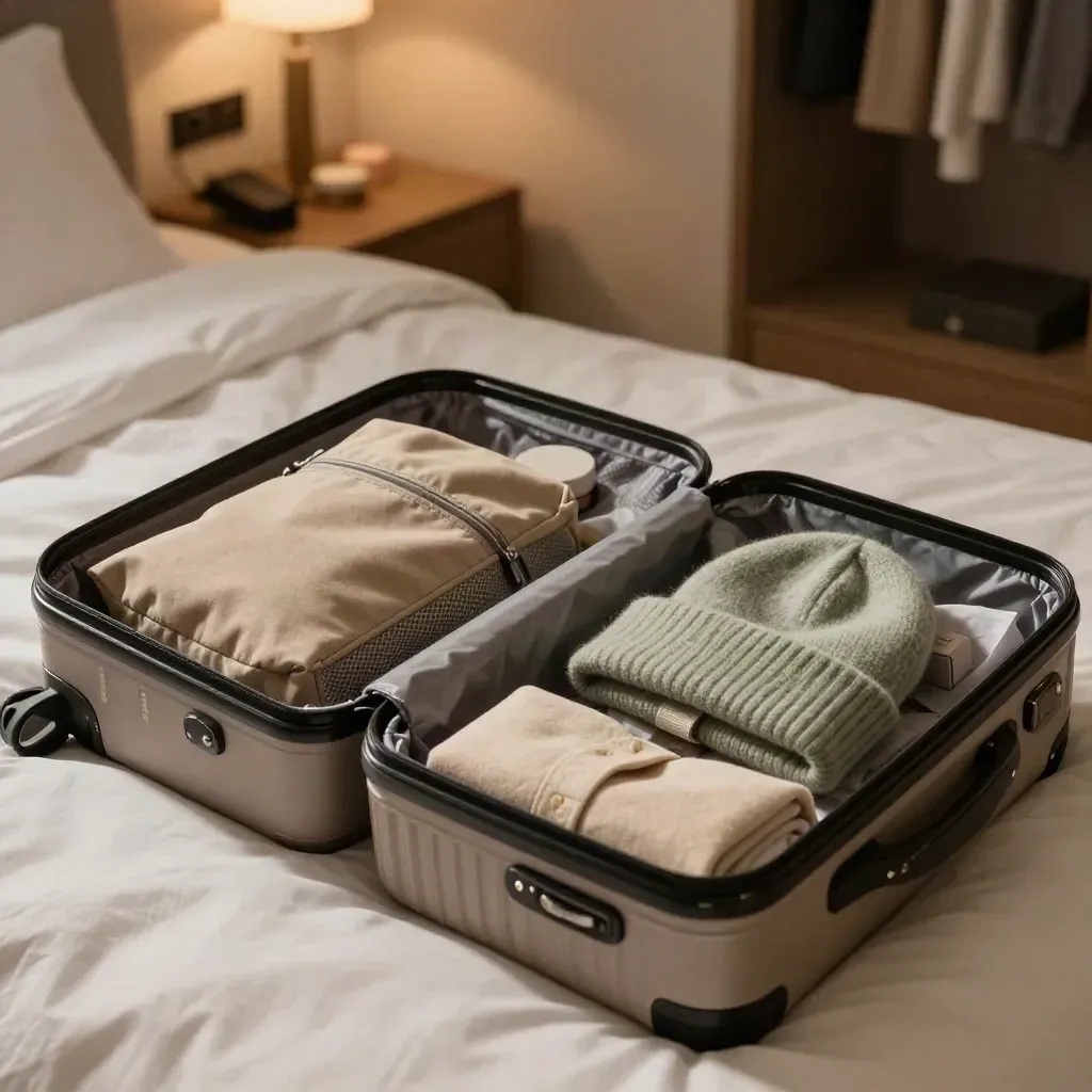 Valise cabine ouverte sur un lit, avec manteau, câbles, soin solide et bonnet en laine.