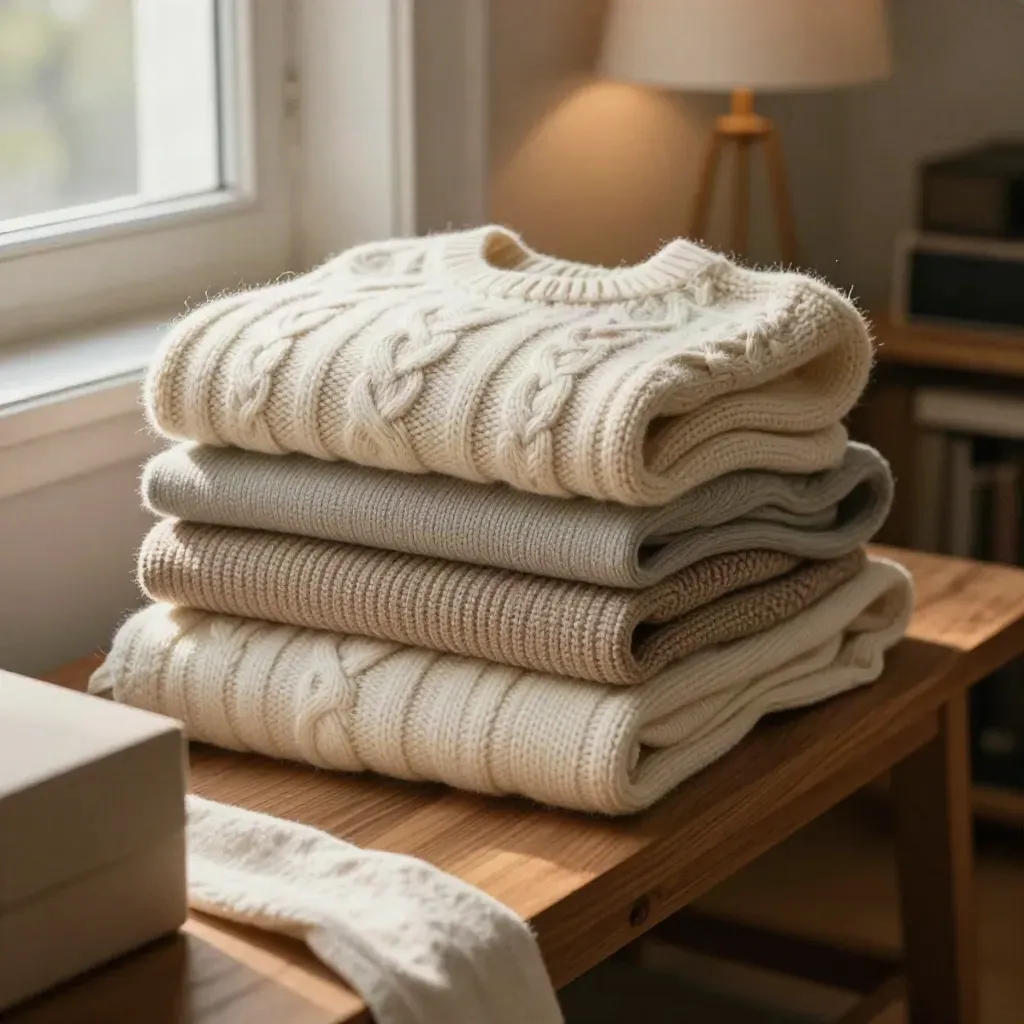 Piles de pulls en laine mérinos pliés avec soin sur une couverture claire, lumière de fenêtre.