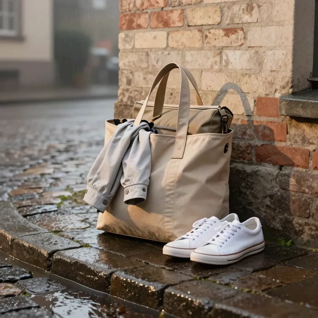 Sac de week-end et baskets sur pavés mouillés devant une façade de briques à Lille.