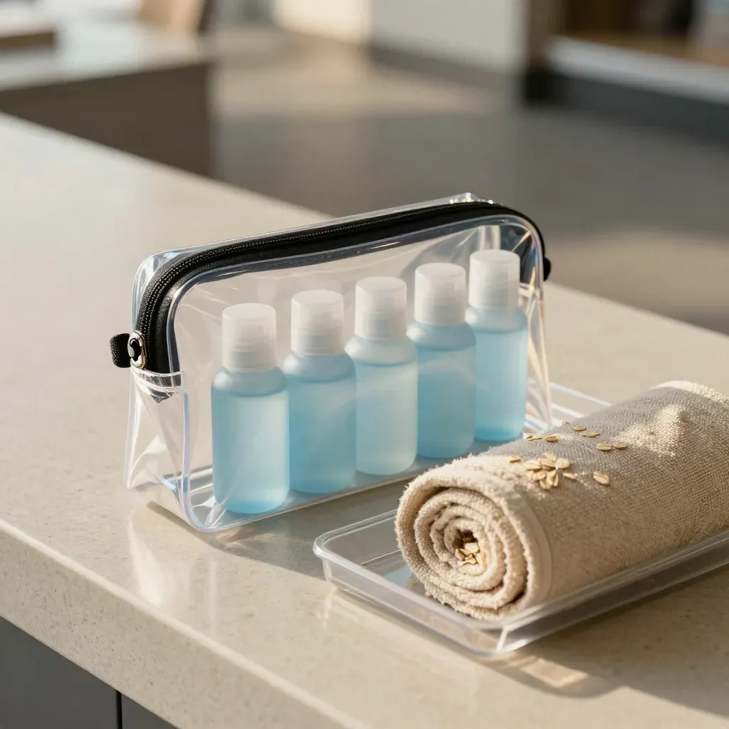 Trousse transparente de liquides de voyage posée dans un bac de sécurité d’aéroport, vue en plongée.