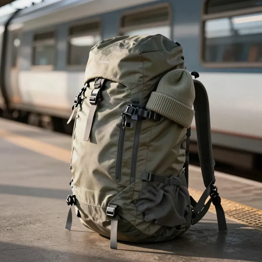 Sac à dos technique olive sur quai de gare, avec gants roulés et bonnet sage.