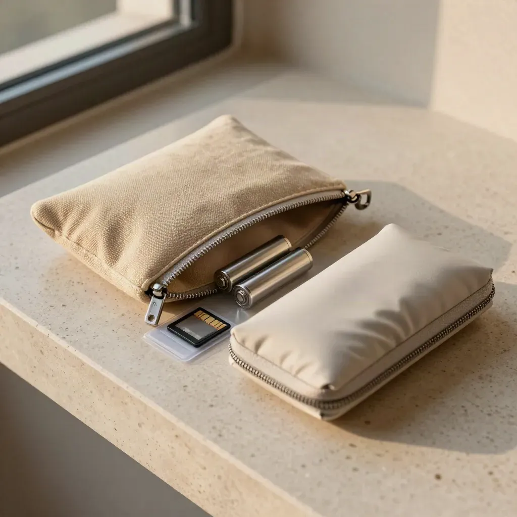 Pochette sable de matériel photo, batteries et cartes mémoire sur pierre claire.