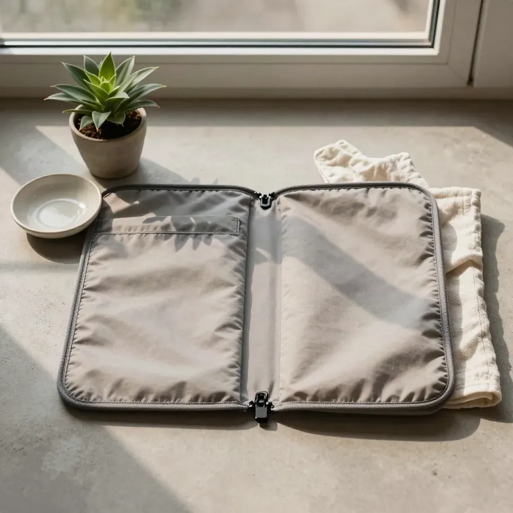 Organiseur cabine plié, plante, serviette en lin et coupelle sur béton clair.