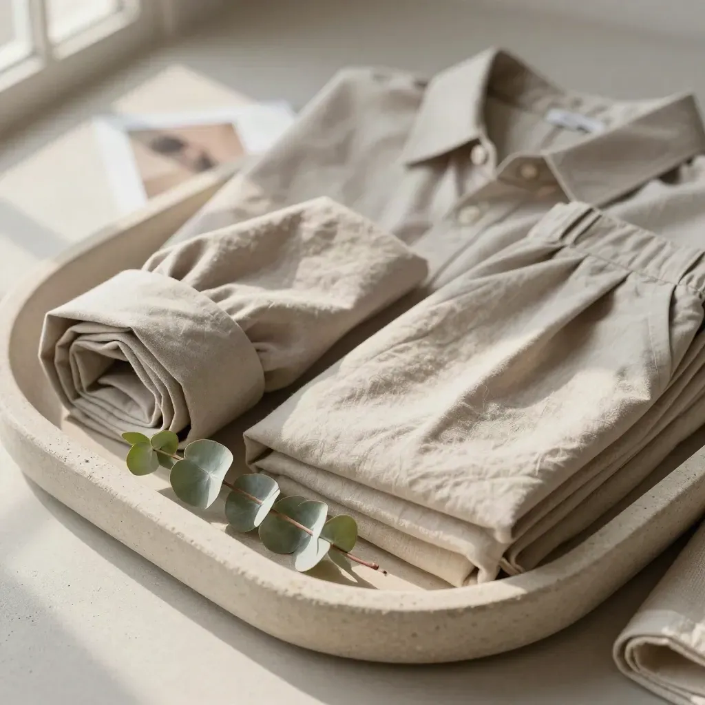 Robe chemise roulée, pantalon plié et eucalyptus sur plateau en pierre, ambiance minimaliste.