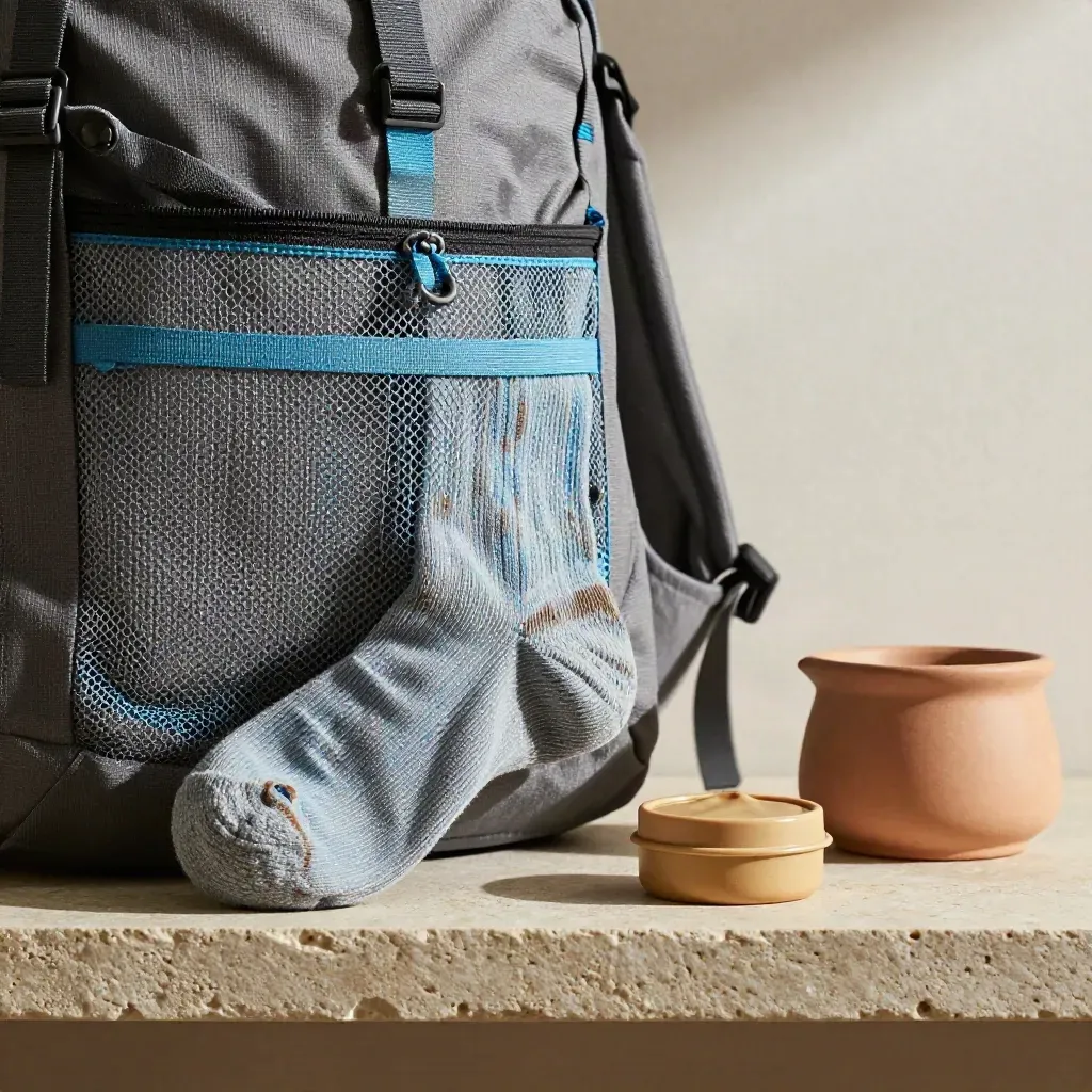 Poche de sac ultraléger, chaussette pliée, baume solide et pot en grès sur pierre.