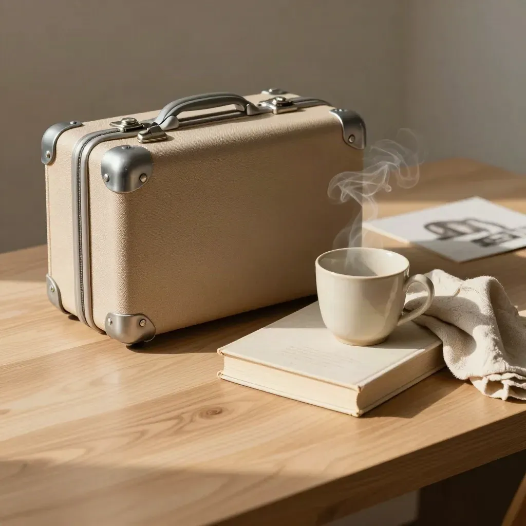 Mini valise, livre, tasse et tissu sur bureau clair, ambiance week-end